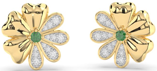 Diamond Emerald Gold Flower Stud Earrings