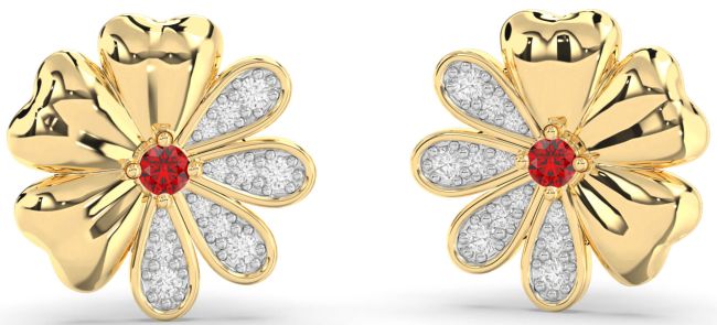 Diamond Ruby Gold Flower Stud Earrings