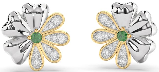 Diamond Emerald Gold Silver Flower Stud Earrings