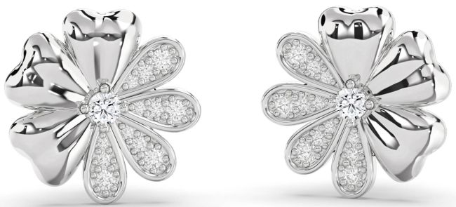 Diamond Platinum Flower Stud Earrings