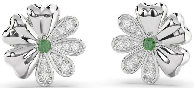 Diamond Emerald White Gold Flower Stud Earrings