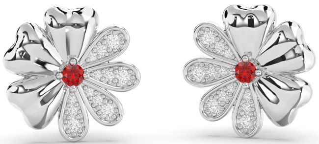 Diamond Ruby White Gold Flower Stud Earrings