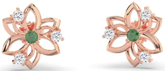 Diamond Emerald Rose Gold Flower Stud Earrings