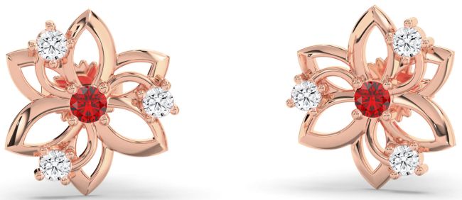 Diamond Ruby Rose Gold Flower Stud Earrings