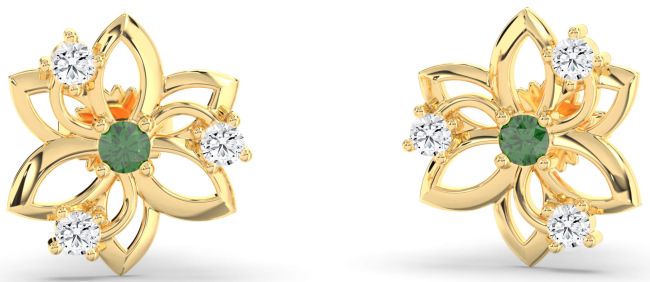 Diamond Emerald Gold Flower Stud Earrings