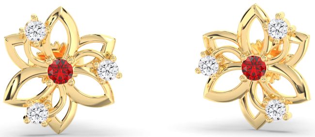 Diamond Ruby Gold Flower Stud Earrings