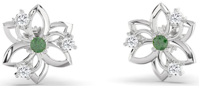 Diamond Emerald Silver Flower Stud Earrings