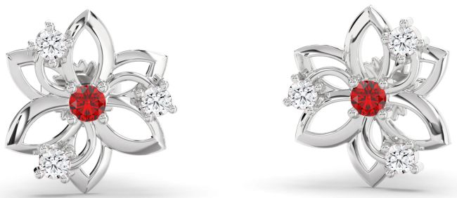Diamond Ruby White Gold Flower Stud Earrings