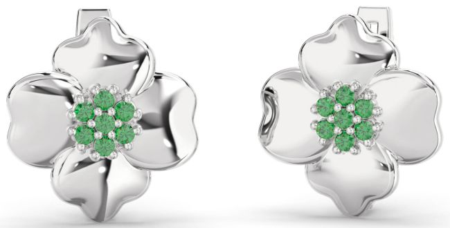 Emerald Silver Flower Stud Earrings