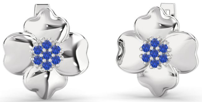 Blue Sapphire Platinum Flower Stud Earrings