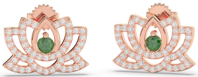 Diamond Emerald Rose Gold Flower Dangle Earrings