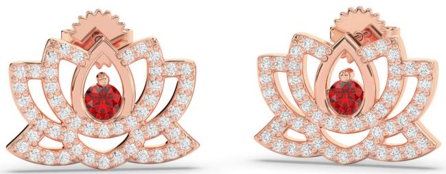 Diamond Ruby Rose Gold Flower Dangle Earrings