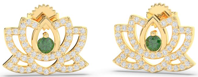 Diamond Emerald Gold Flower Dangle Earrings