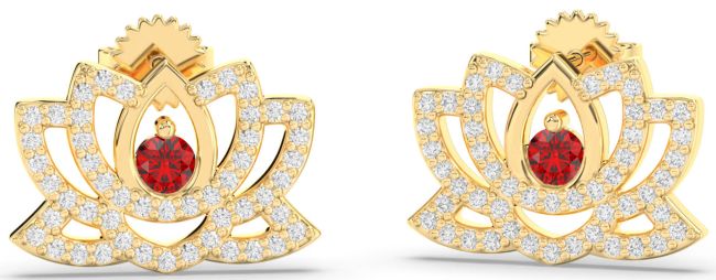 Diamond Ruby Gold Flower Dangle Earrings