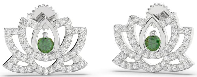 Diamond Emerald White Gold Flower Dangle Earrings