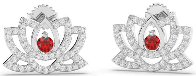 Diamond Ruby White Gold Flower Dangle Earrings