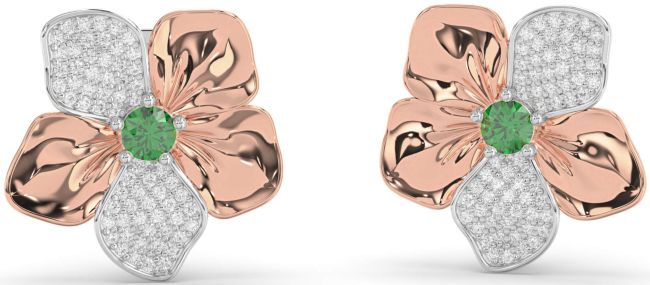 Diamond Emerald White Rose Gold Flower Stud Earrings