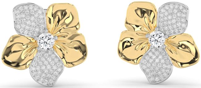 Diamond White Yellow Gold Flower Stud Earrings