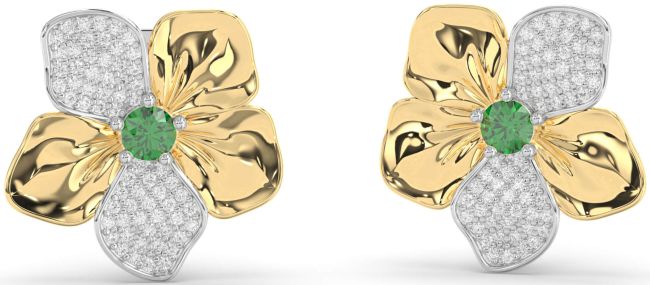 Diamond Emerald Gold Silver Flower Stud Earrings