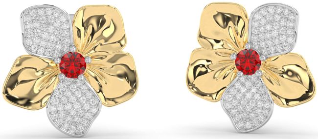 Diamond Ruby Platinum & Yellow Gold Flower Stud Earrings