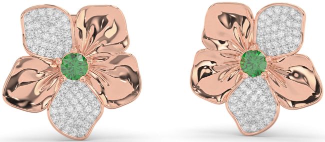 Diamond Emerald Rose Gold Flower Stud Earrings