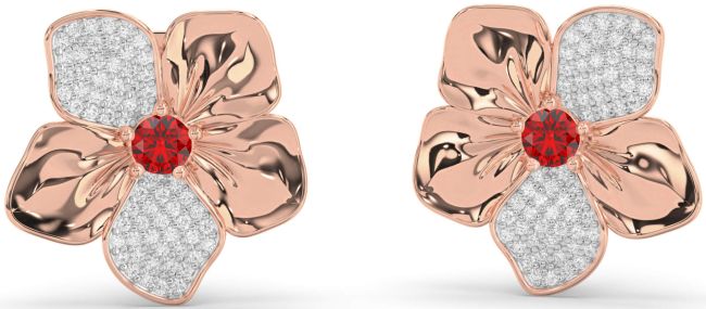 Diamond Ruby Rose Gold Flower Stud Earrings