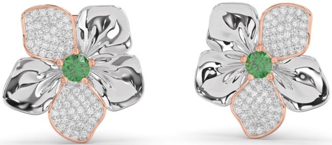Diamond Emerald Rose Gold Silver Flower Stud Earrings