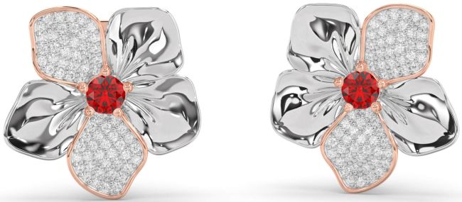 Diamond Ruby Rose Gold Silver Flower Stud Earrings