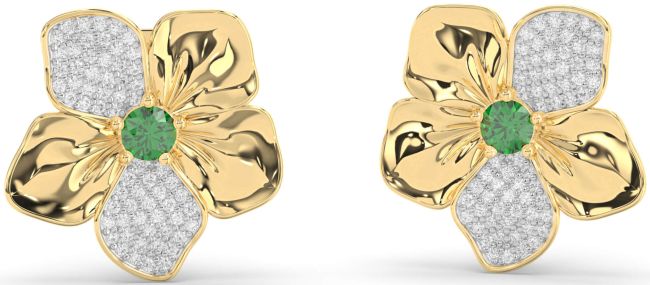 Diamond Emerald Gold Flower Stud Earrings