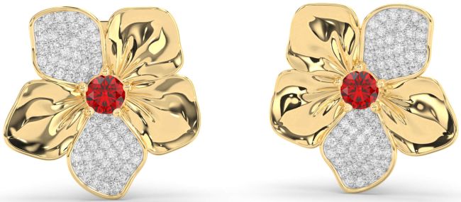 Diamond Ruby Gold Flower Stud Earrings