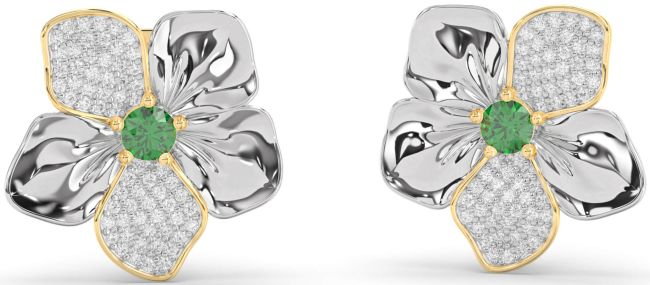 Diamond Emerald Gold Silver Flower Stud Earrings
