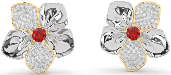 Diamond Ruby Platinum & Yellow Gold Flower Stud Earrings