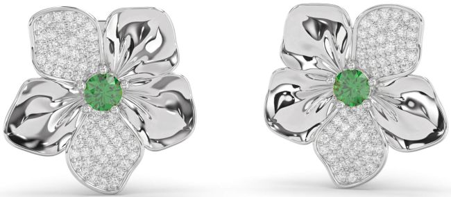 Diamond Emerald Platinum Flower Stud Earrings