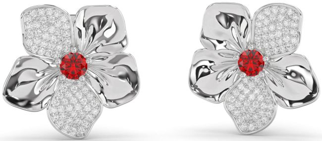 Diamond Ruby White Gold Flower Stud Earrings