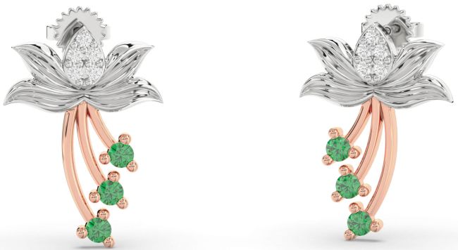 Diamond Emerald Platinum & Rose Gold Flower Dangle Earrings