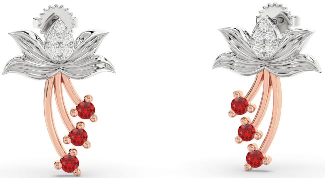 Diamond Ruby Silver & 10K Rose Gold Flower Dangle Earrings