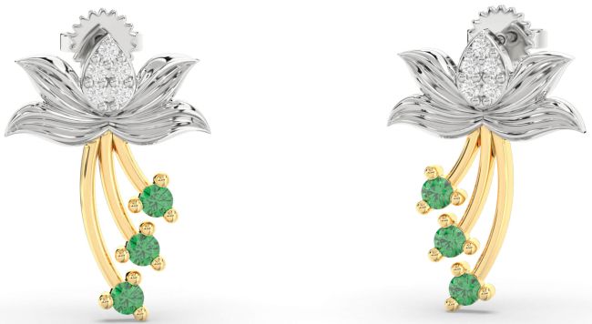 Diamond Emerald Silver & 10K gold Flower Dangle Earrings