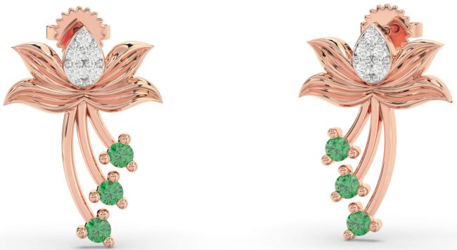 Diamond Emerald Rose Gold Flower Dangle Earrings