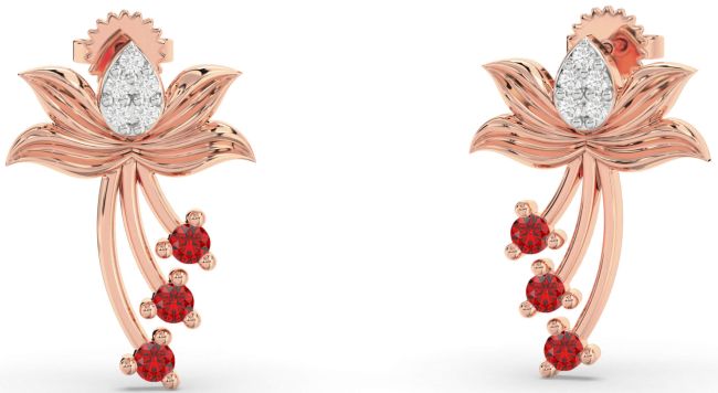 Diamond Ruby Rose Gold Flower Dangle Earrings