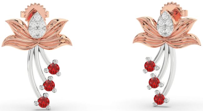Diamond Ruby White Rose Gold Flower Dangle Earrings