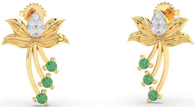 Diamond Emerald Gold Flower Dangle Earrings