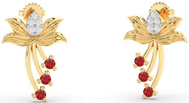 Diamond Ruby Gold Flower Dangle Earrings