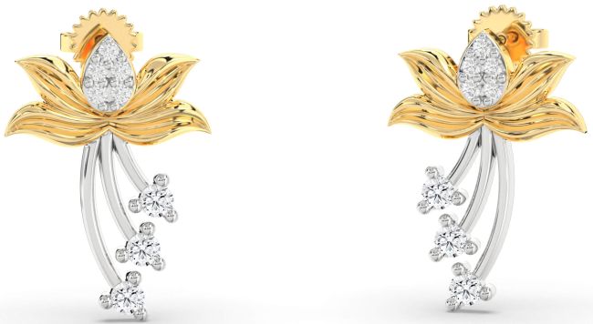 Diamond White Yellow Gold Flower Dangle Earrings