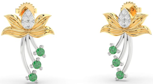 Diamond Emerald White Yellow Gold Flower Dangle Earrings
