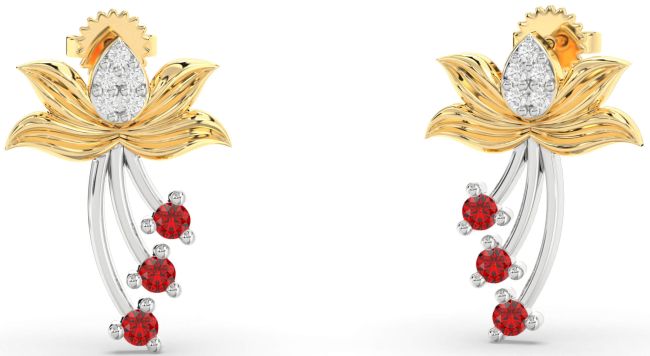 Diamond Ruby White Yellow Gold Flower Dangle Earrings