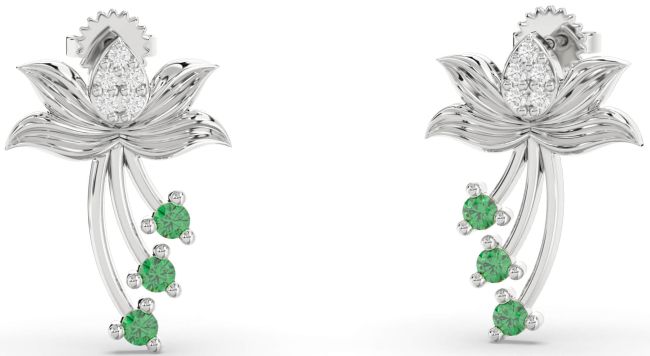 Diamond Emerald Platinum Flower Dangle Earrings