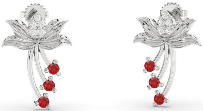 Diamond Ruby Platinum Flower Dangle Earrings