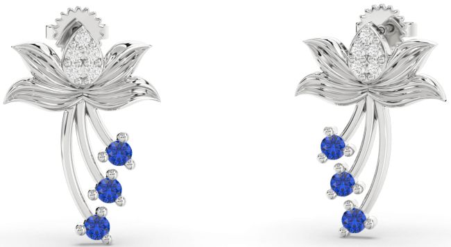 Diamond Blue Sapphire Silver Flower Dangle Earrings