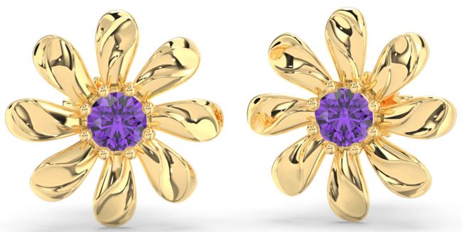 Amethyst Gold Daisy Flower Stud Earrings