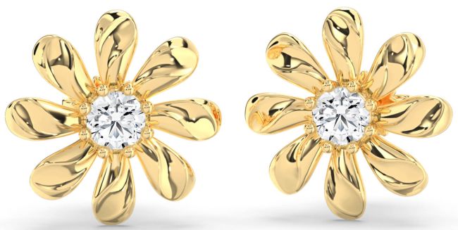 Diamond Gold Daisy Flower Stud Earrings